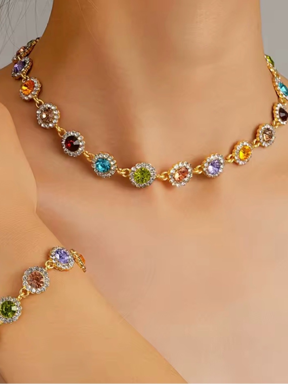 Korean Multicolored Crystal Necklace and Bracelet Set